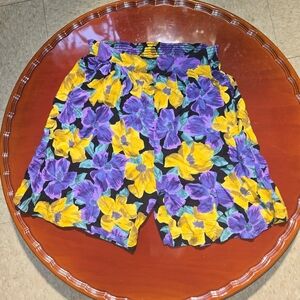Vintage 90s Floral Red Hot Purple Yellow Flowy Midi Shorts Culottes Size Medium
